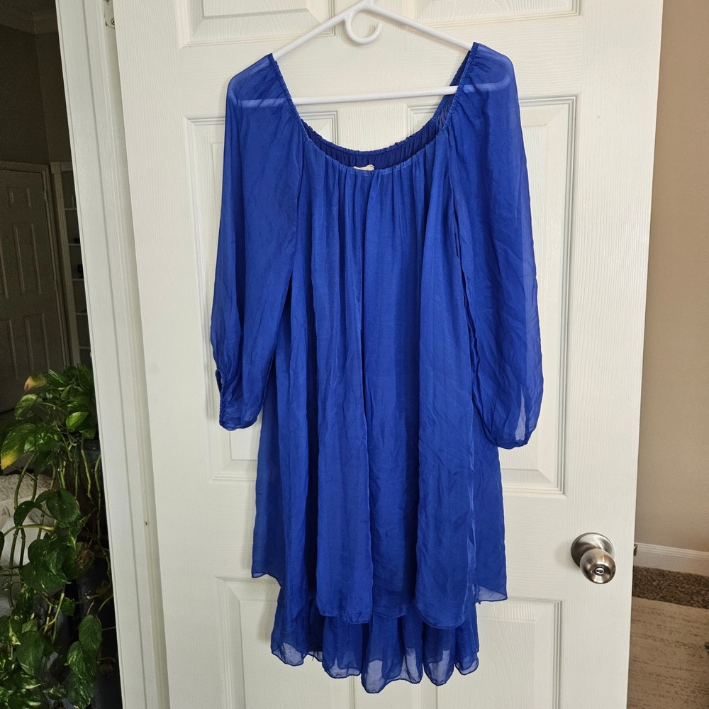 Sofia Italy Blue 100% Silk Tiered Mini Dress Tunic M Fairy Babydoll Luxury
